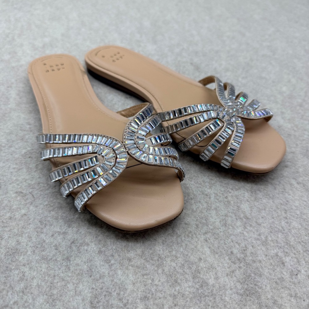 A New Day Womens Nude Rhinestone Slide Sandals Memory Foam Flats Size 6